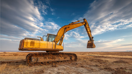 A yellow excavator stands prominently on a construction site, surrounded by vast open fields and a stunning cloudy sky at sunset, showcasing heavy machinery in action.の素材