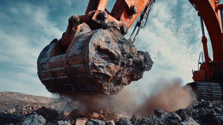 An excavator digs into the ground, lifting a large rock while creating dust clouds. The scene captures the power of heavy machinery in an industrial landscape.の素材
