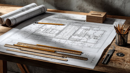 A captivating depiction of an architectural blueprint spread across a designer table, accompanied by drafting tools, pencils, and a creative workspace atmosphere ideal for professionals.の素材