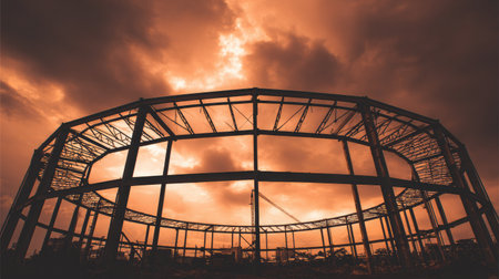 A stunning silhouette of an unfinished steel structure set against a vibrant sunset. The interplay of light and shadows evokes a sense of transition and potential in urban development.の素材