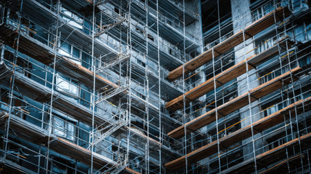 Close view of construction scaffolding surrounding a modern building. The scaffolding supports the ongoing renovation, highlighting urban architecture and project progress.の素材