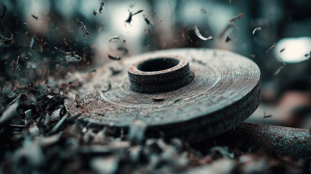 This image showcases a close-up of a rusty metal wheel surrounded by wood shavings and dust, highlighting the intricate details of craftsmanship and industrial processes.の素材
