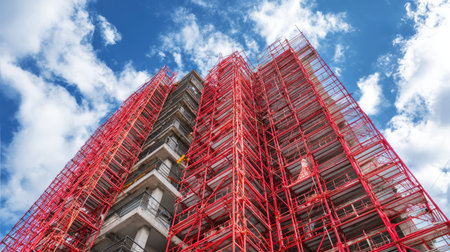 Vibrant image of a modern construction site featuring red scaffolding against a blue sky filled with clouds, showcasing building development and urban architecture.の素材