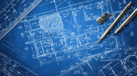 Detailed architectural blueprints with technical drawings spread across a blue background, complemented by a ruler and pens, perfect for construction and design projects.の素材