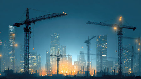 A striking view of an urban skyline under construction, highlighted by cranes against an illuminated backdrop, showcasing the essence of modern urban development and transformation.の素材