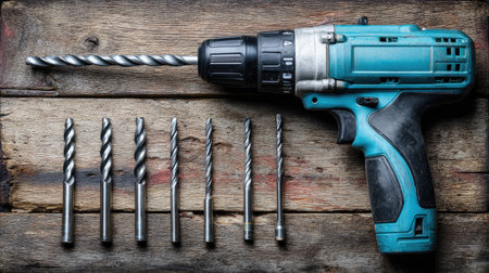 A power drill rests on a wooden surface, accompanied by a selection of drill bits, showcasing essential tools for various home improvement projects and repairs.の素材