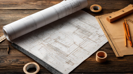A visually appealing arrangement of an architectural blueprint, drafting tools, and essential materials on a rustic wooden table, perfect for creative design projects.の素材