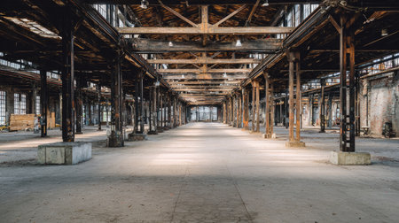 Explore the vast interior of an industrial warehouse featuring exposed beams and abundant light, ideal for events and artistic endeavors in a historic setting.の素材
