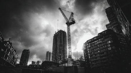 A striking black and white photograph showcasing a construction site highlighted by a towering crane and surrounding buildings under a moody sky.の素材