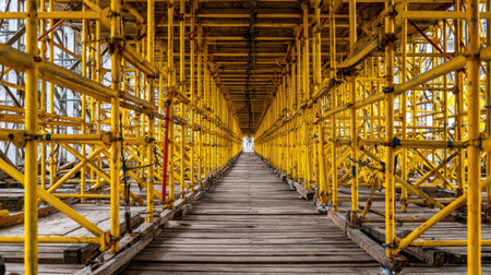 The image showcases an intricate scaffolding structure painted in yellow, emphasizing safety and organization at a construction site. The wooden flooring provides stability.の素材