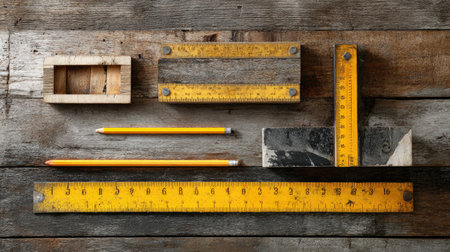 This image features a collection of wooden rulers, pencils, and measuring tools neatly arranged on a rustic wooden surface, ideal for showcasing craftsmanship and DIY projects.の素材
