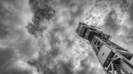 This striking black and white photo showcases a towering structure under a turbulent sky, emphasizing the interplay of light and shadows in a dramatic industrial setting.の素材
