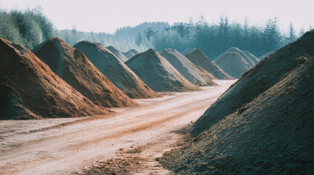 Serenity abounds in this rural landscape where piles of soil line a dirt road, surrounded by lush greenery and trees, showcasing nature's beauty and tranquility.の素材
