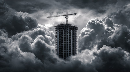 A stark construction site rises through dark storm clouds, showcasing the contrast between urban development and natural elements, evoking a sense of ambition and resilience.の素材
