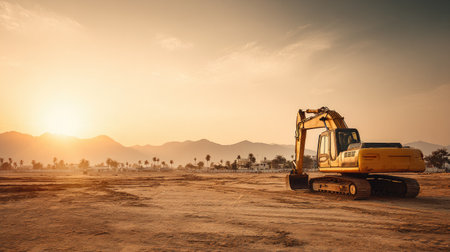 A lone excavator rests on a construction site under a stunning sunset, with silhouetted mountains and palm trees creating a breathtaking backdrop.の素材