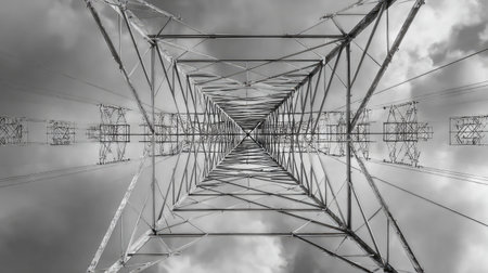This stunning black and white image captures a tall electricity pylon with a dramatic cloud-filled sky, emphasizing the intricate design and engineering of power lines.の素材