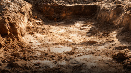 This image captures an excavated area revealing rich earthy textures, perfect for landscaping and construction projects. Ideal for demonstrating groundwork or site preparation.の素材