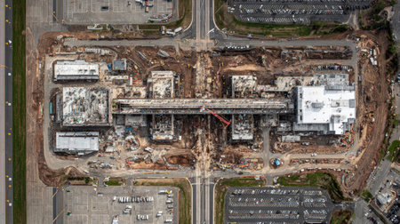 This aerial view showcases an active construction site in an urban setting, highlighting heavy machinery and building materials in the complex progress of development.の素材