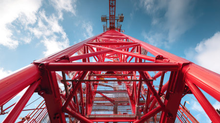 A striking vertical perspective of a red communication tower against a bright blue sky adorned with clouds, illustrating intricate structural design and industrial beauty.の素材