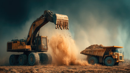 A dynamic scene showcasing heavy machinery on a construction site, with an excavator loading soil into a dump truck, creating clouds of dust under dramatic lighting.の素材