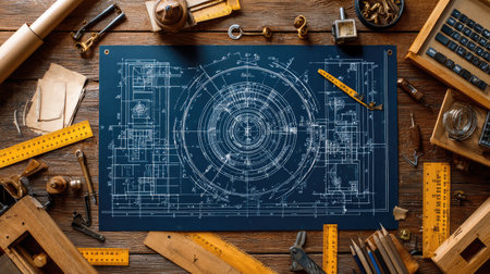 A detailed blueprint layout displayed on a dark background surrounded by hand tools and measuring instruments, creating an inspiring atmosphere for design and craftsmanship.の素材