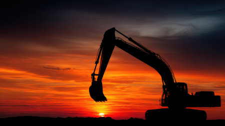A stunning silhouette of an excavator stands against a vibrant sunset, showcasing the contrast between industrial work and the beauty of nature during dusk.の素材