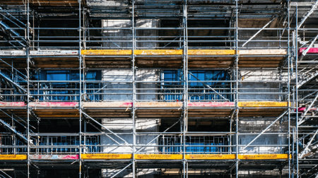 Scaffolding surrounds a construction site, showcasing a complex framework of platforms and supports. Bright sunlight highlights the industrial environment of building work.の素材