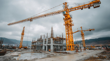 A bustling construction site features large cranes and workers as they build a modern structure. The cloudy sky adds a dramatic backdrop to this industrial scene.の素材