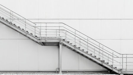 A striking black and white image of an industrial staircase against a minimalistic white wall. The photo captures modern design, structure, and urban simplicity, creating a captivating scene.の素材