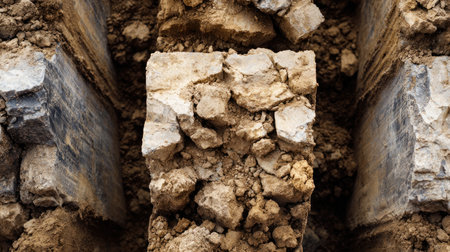 Detailed close-up of raw soil featuring clumps of dirt and scattered rocks, showcasing natural textures perfect for construction and landscaping visuals.の素材