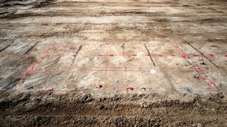 Aerial view of a construction site showing ground preparation with clear survey markings on the soil surface, highlighting stages of future building development.の素材