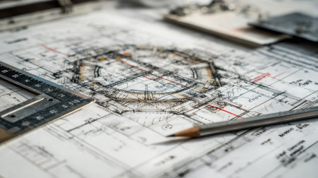 An intricate architectural blueprint showcases detailed plans and measurements, surrounded by essential tools like a pencil and ruler, in a bright design workspace.の素材