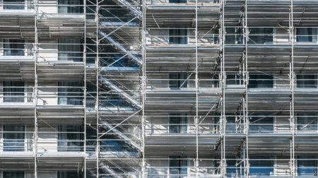 Close-up view of construction scaffolding wrapped around a building, emphasizing the structural framework essential for renovation and safety during urban development.の素材