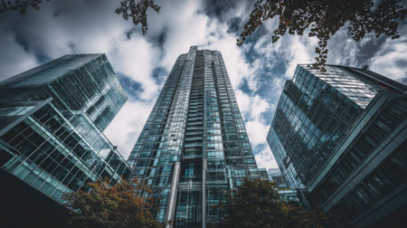 Dramatic view of a towering skyscraper surrounded by glass buildings under a dynamic sky, capturing the essence of modern urban architecture in a vibrant city.の素材