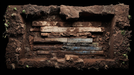 A unique view of a soil profile showcasing wood planks nestled within layers of earth, highlighting the interaction of organic materials and natural processes.の素材