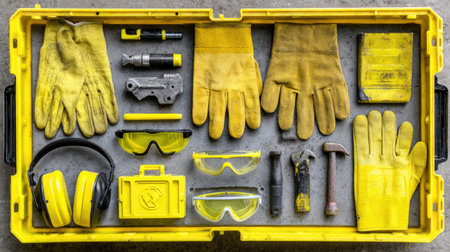 A visually engaging arrangement of essential safety gear and tools in a vibrant yellow toolbox, ideal for construction and maintenance tasks, showcasing preparedness and organization.の素材
