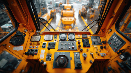 A detailed view of a crane control panel showcases the intricate array of gauges, switches, and joysticks essential for operating heavy machinery in a construction environment.の素材