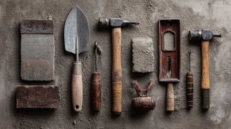 A captivating arrangement of vintage hand tools against a textured grey wall, showcasing instruments essential for craftsmanship, construction, and repair.の素材