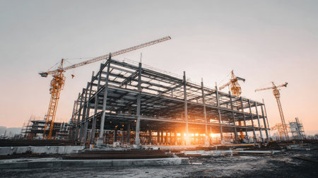 A dynamic construction site at sunset highlights cranes and a steel frame structure, capturing the essence of urban development and architectural progress.の素材