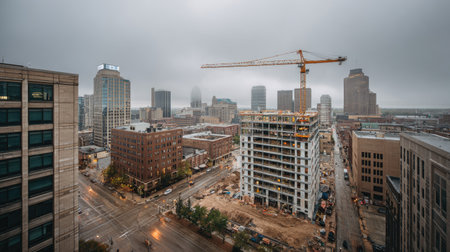 A captivating urban landscape showcasing a busy construction site amid a foggy skyline, featuring modern architecture and a bustling city center atmosphere.の素材