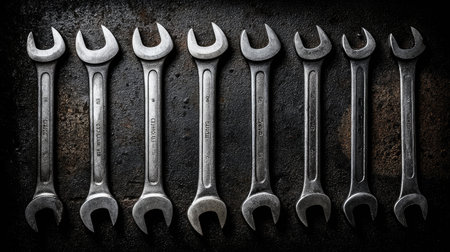 This high-definition image features a collection of silver open-end wrenches arranged neatly on a dark metal surface, highlighting their reflections and intricate texture.の素材