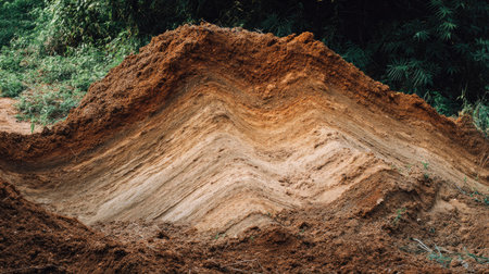 A stunning close-up of a wavy soil formation highlights the rich earthy tones and textured layers of this geological feature, framed by lush greenery.の素材