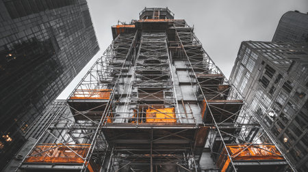 A dramatic view of a construction site showcasing scaffolding around modern buildings, illustrating urban development and architectural progress against a cloudy backdrop.の素材