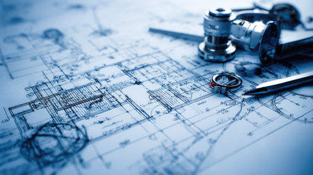 A close-up view of a detailed blueprint featuring various drawing tools, ideal for professionals in architecture and engineering, showcasing precision and planning.の素材