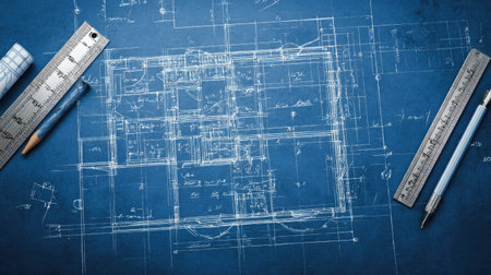 A detailed architectural blueprint rests on blue paper surrounded by drafting tools and measuring instruments, ideal for showcasing building design concepts and creativity.の素材