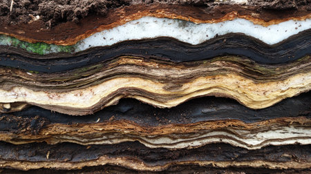 Explore the captivating layers of soil showcasing organic material and natural processes. The rich textures and colors reveal the complexity of earth's hidden ecosystems.の素材