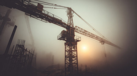 A striking view of a construction site enveloped in fog during sunrise, highlighting the towering crane and scaffolding, creating an evocative industrial atmosphere.の素材