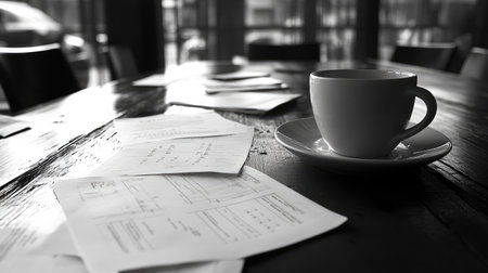 A serene black and white image featuring a coffee cup on a wooden table, with scattered paperwork. This captures a tranquil workspace, ideal for creative and productive moments.の素材