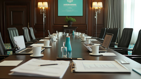 A sophisticated conference room featuring a large wooden table with laptops, stationery, and stylish decor, designed for effective business discussions and meetings.の素材