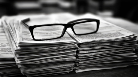 A close-up view of a stack of documents topped with black eyeglasses, set against a wooden table. This image suggests organization and focus, ideal for business themes.の素材